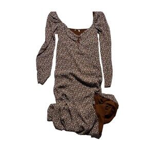 Rare Brown Maxi Floral Dress Size Small with front slit and long sleeves- Proto